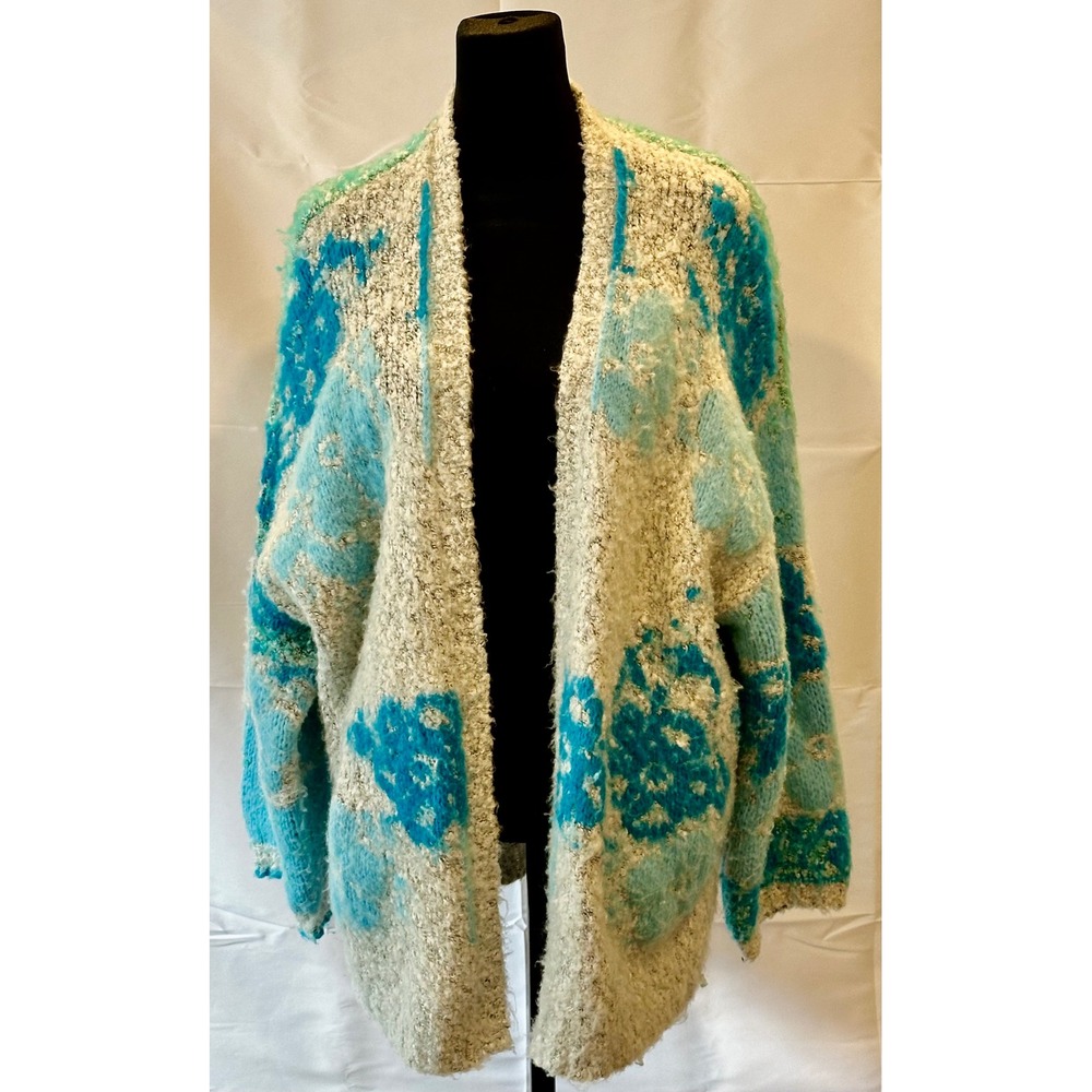 Free People Blue Teal Abstract Floral Open Front Fuzzy Knit Cardigan Sweater